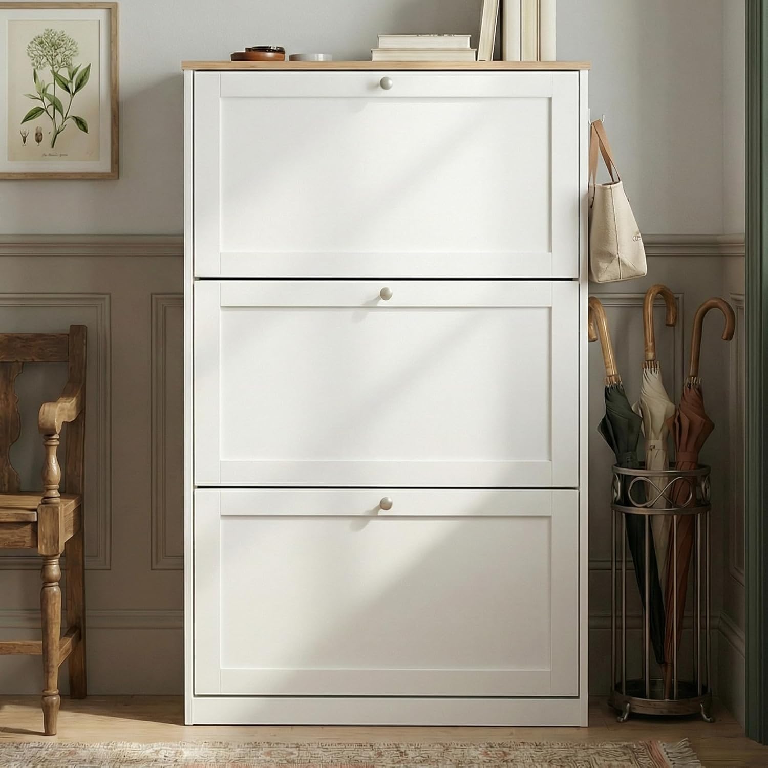 Blisswood Shoe Cabinet, White Shoe Storage Organiser with 3 Flip Drawers, Wooden Slim Freestanding Shoe Rack, Space Saving Cupboard with Adjustable Shelves for Entryway, Living Room, Hallway Furniture