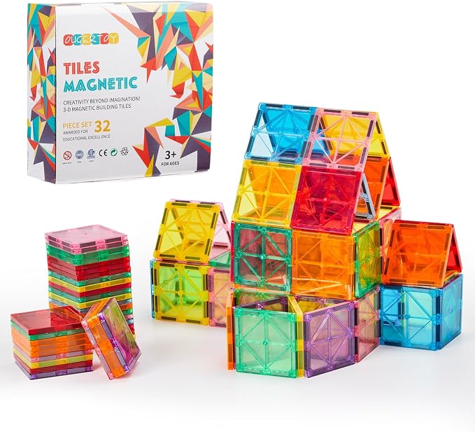 OugerToy 32-Pack Magnetic Tiles–Rainbow Builder Set | 2.95in STEM Construction Kit with Transparent Windows, Expand Creative Play for Kids