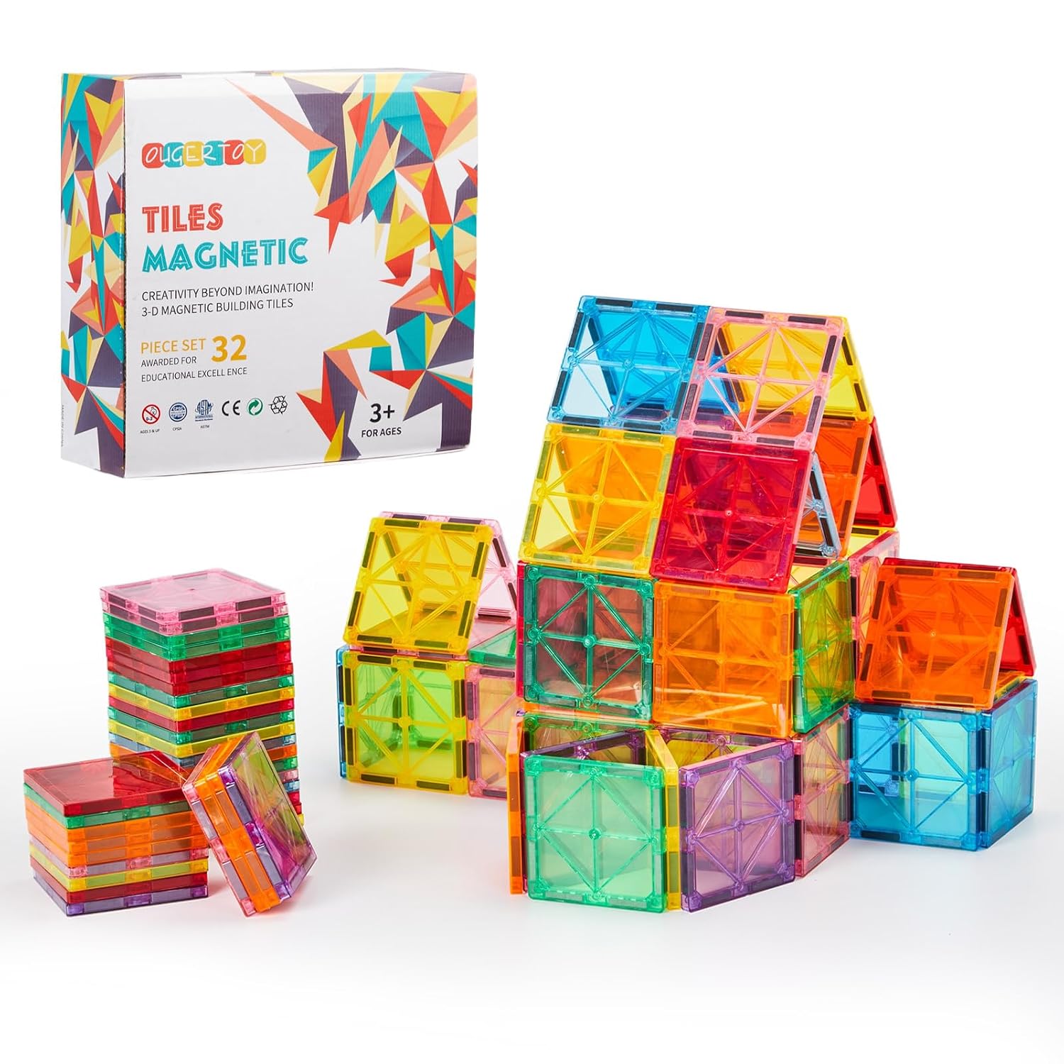 OugerToy 32-Pack Magnetic Tiles, Rainbow STEM Set
