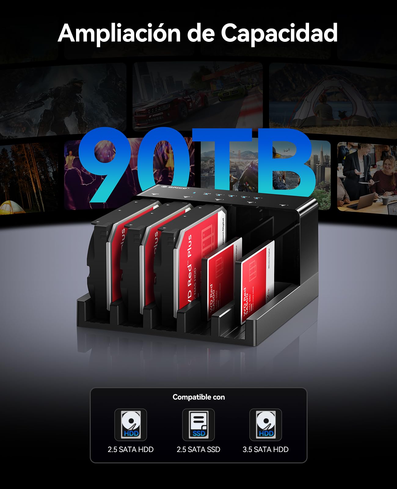 ORICO Base de Conexion Docking Station 5 HDD Discos Duros Estación USB 3.0 a SATA Estación de Acoplamiento para 2.5/3.5 Pulgadas HDD/SSD- Soporta hasta 90TB, Negro (6558US3-C)
