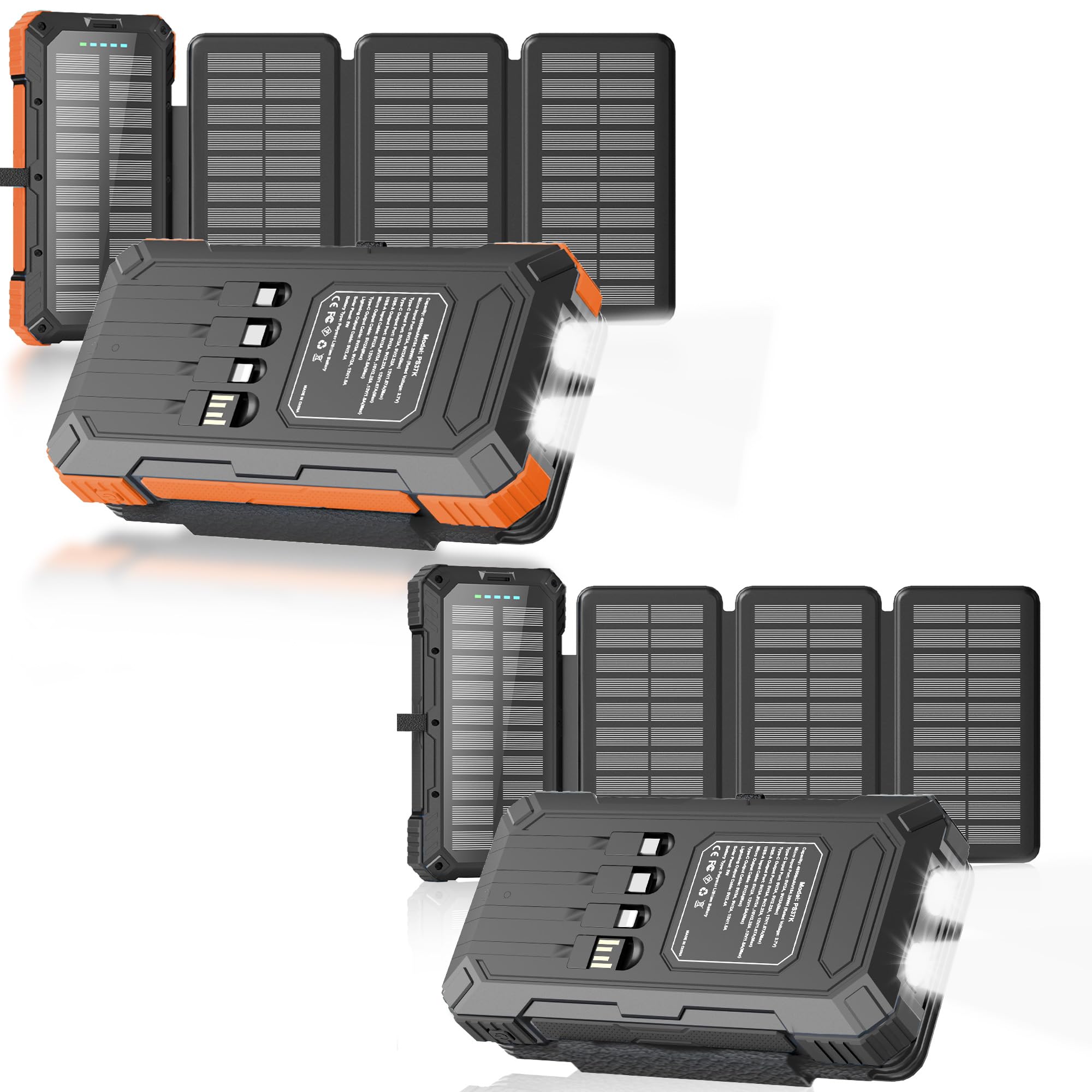 2 Pack Solar Charger with Built-in Cables 49800mAh Solar Power Bank 49800mAh with USB-C Port LED Flashlight for