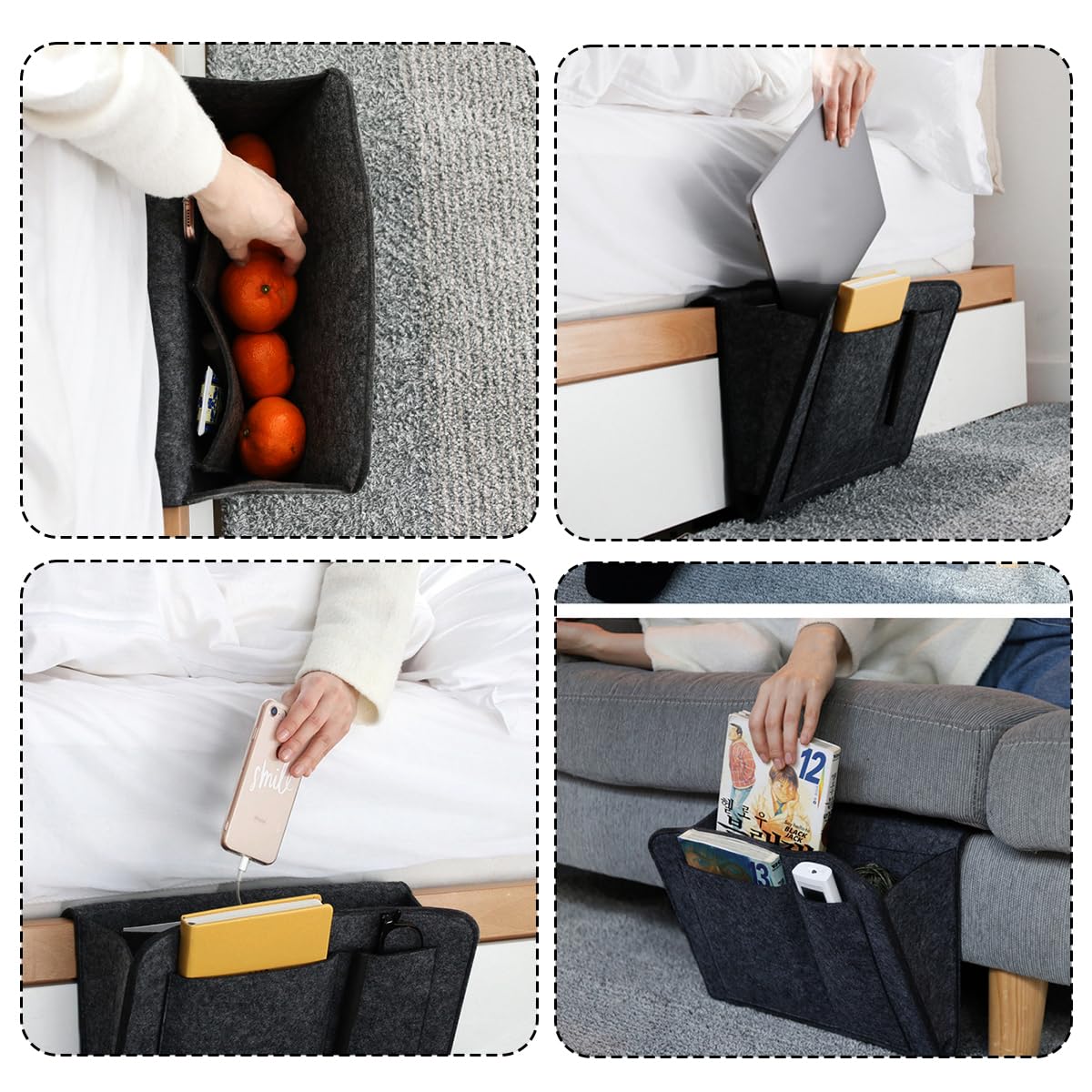 Divano Letto Organizer,Tasca Portaoggetti Da Letto,Feltro Da Comodino Organizzatore Tasca,Borsa Feltro Comodino Organizer per bracciolo con 6 tasche Per Contiene Libri,Telefono,Telecomando (Beige