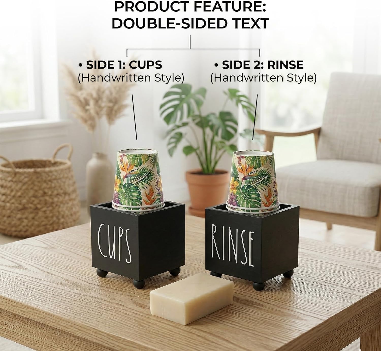 Bathroom Cup Dispenser, Farmhouse Dixie Cup Holder, 3 oz 5 oz Paper Mouthwash Cup Storage Box, Wooden Disposable Cup Caddy, Water Dispenser Cup Holder for Counter top (Black)