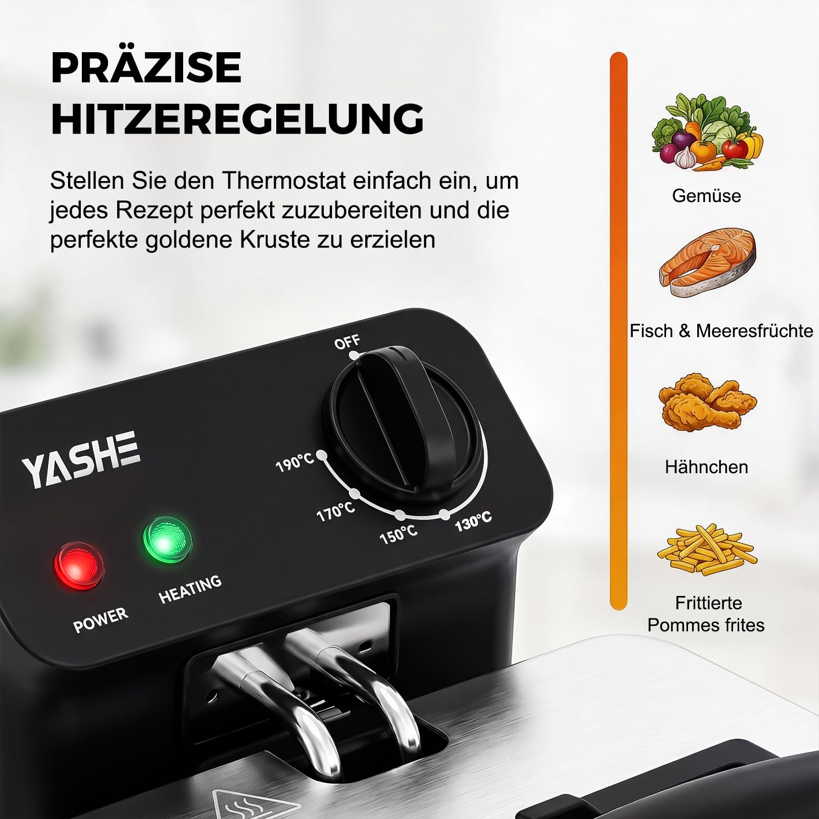 YASHE Friteuse mit Fett 3L, 2000 W mit Sichtfenster | Mit Temperaturregelung, Herausnehmbarem Korb & Ölbehälter, Edelstahl, Leicht zu Reinigen