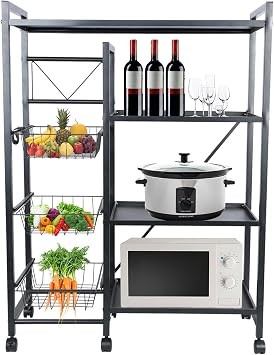 4-Tier Stackable Vegetable Storage Rack with 360-Degree Wheels, Multifunctional Kitchen Bakers Rack, Microwave & Spice Organizer
