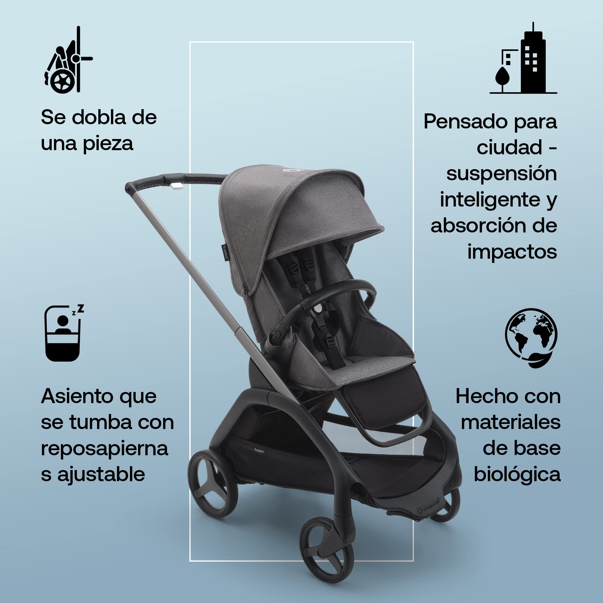 Bugaboo Dragonfly Carrito Urbano, Silla de Paseo Ligera y Compacta, Plegable con Una Sola Mano en cualquier Posición, Suspensión Completa, Cesta Inferior XL, Chasis de Grafito y Capota Grey Melange