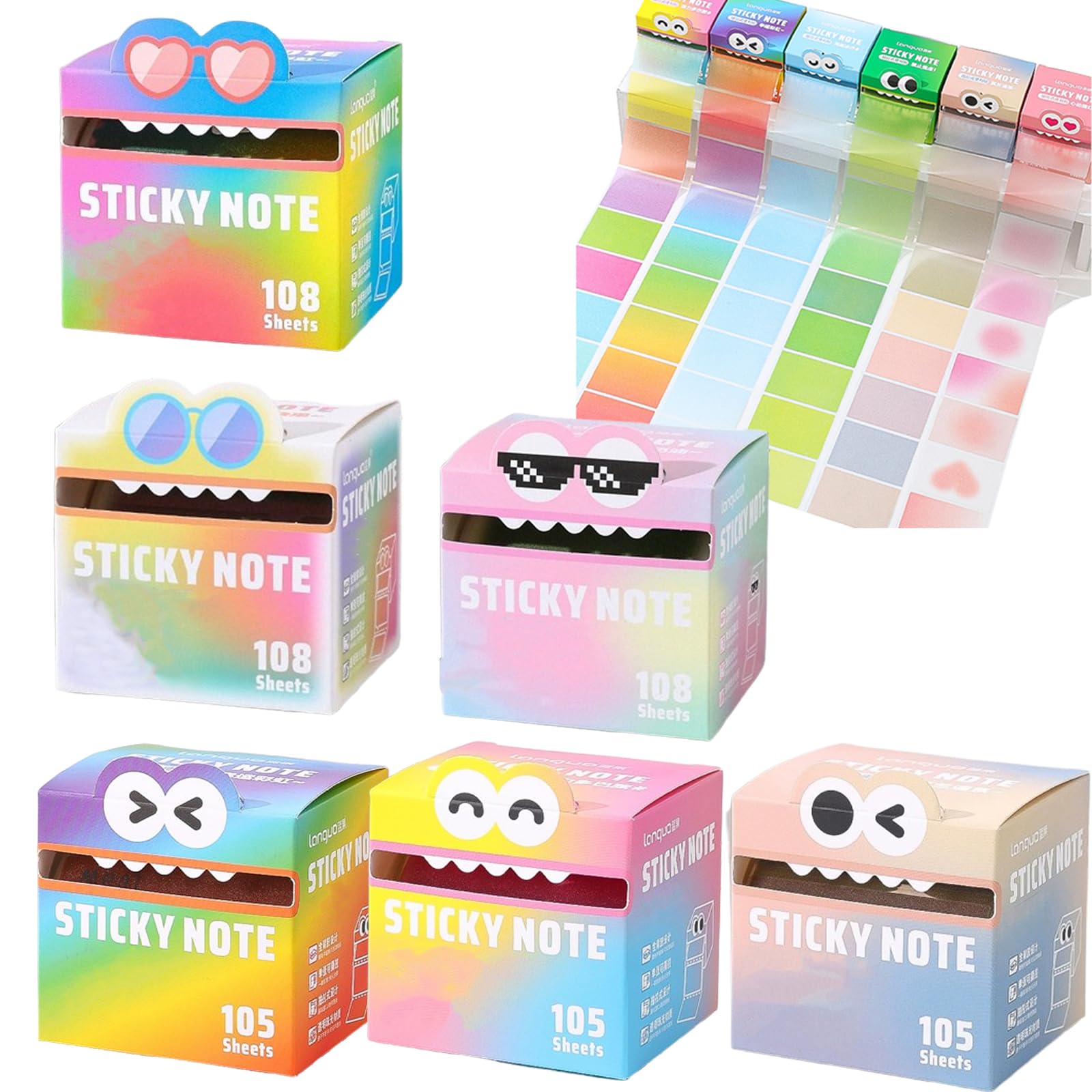 Glitter Sticky Notes in Box Dispenser with Cartoon Pattern (108 Sheets-6 set-a)