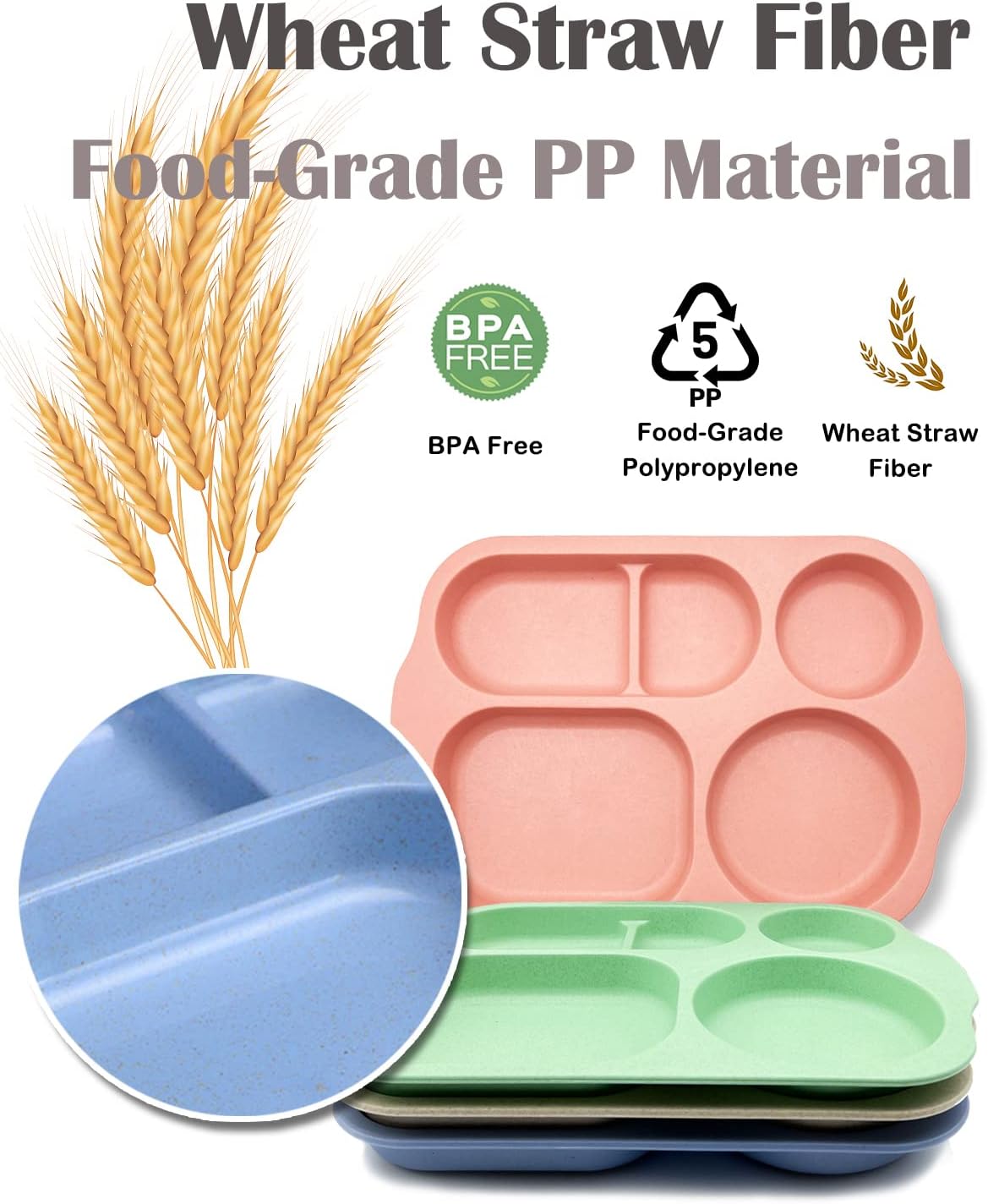 Unbreakable Divided Plates, 4 Pack Wheat Straw Tray, Large Fast Food Tray for Toddlers Adults Kids Children, Lightweight Plates, Dishwasher and Microwave Safe image 3
