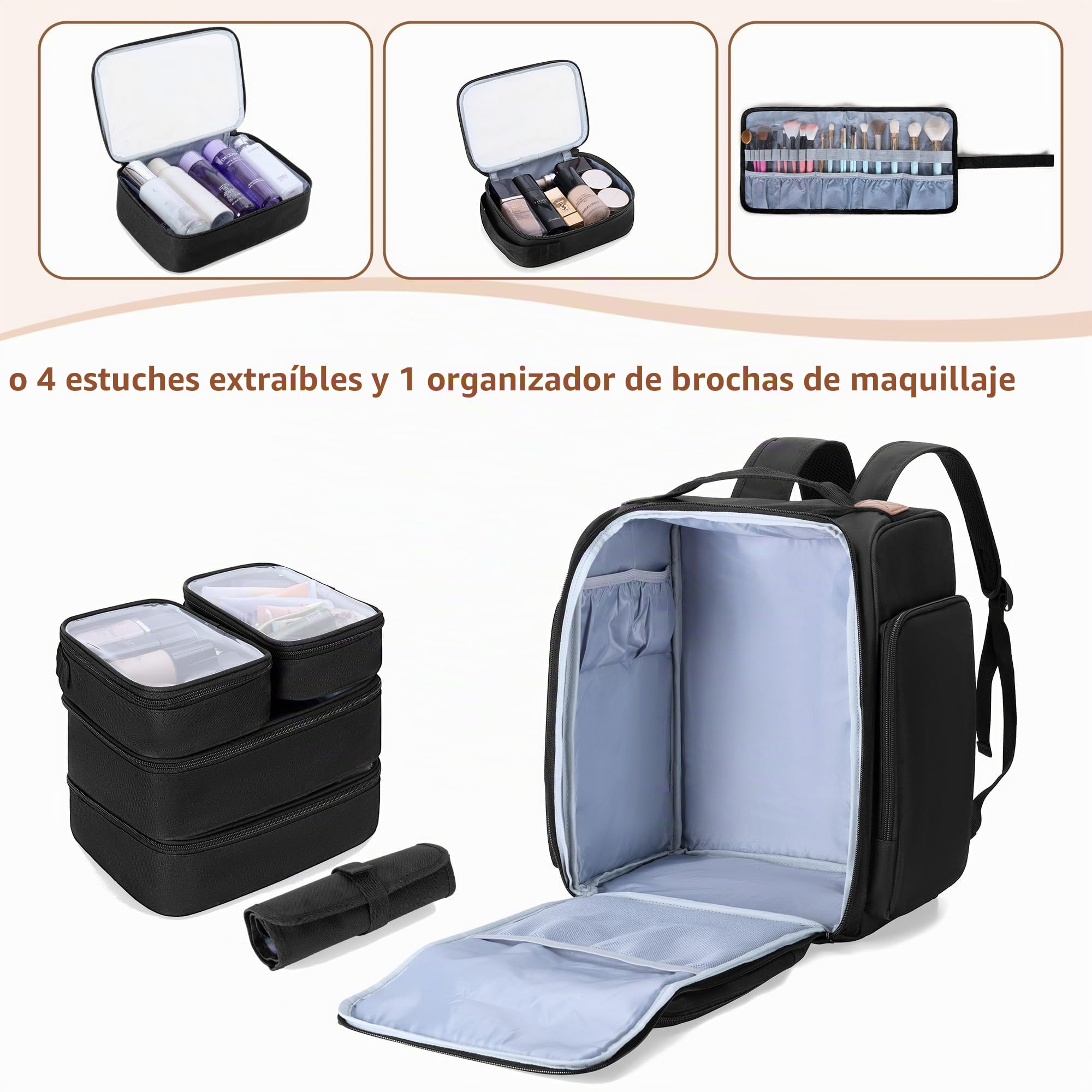 BAFASO Bolsa de Cosméticos Mochila con 4 Bolsas y 1 Bolsa de Pinceles,Negro | Bolsa de Maquillaje de Viaje Multifunción (Solo Bolsa)