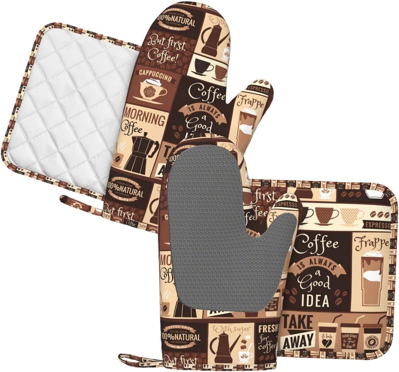 Oven Mitts Pot Holders Set Coffee Pattern Silicone Modern Art Kitchen Gloves Potholders Heat Resistant for Chef Baking Cooking Grilling BBQ 4 Pack Mitt