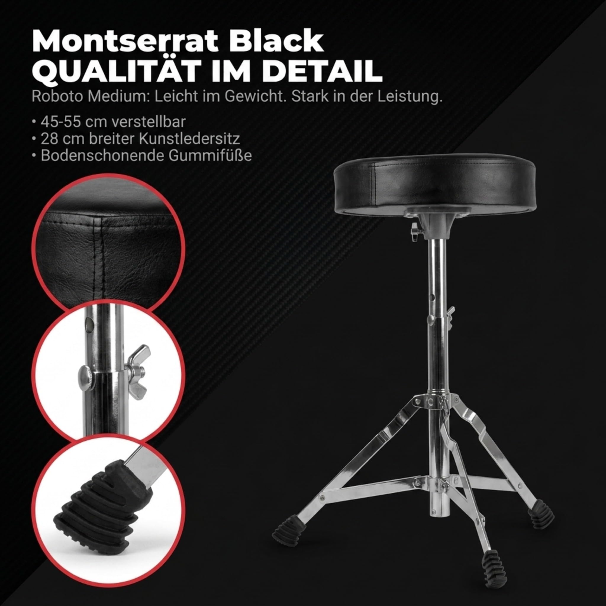 Technote RockJam Verstellbarer Schlagzeughocker, gepolsterter Drehsitz für akustische und elektronische Drumsets, 45-55 cm Höhe, klappbar, Schwarz