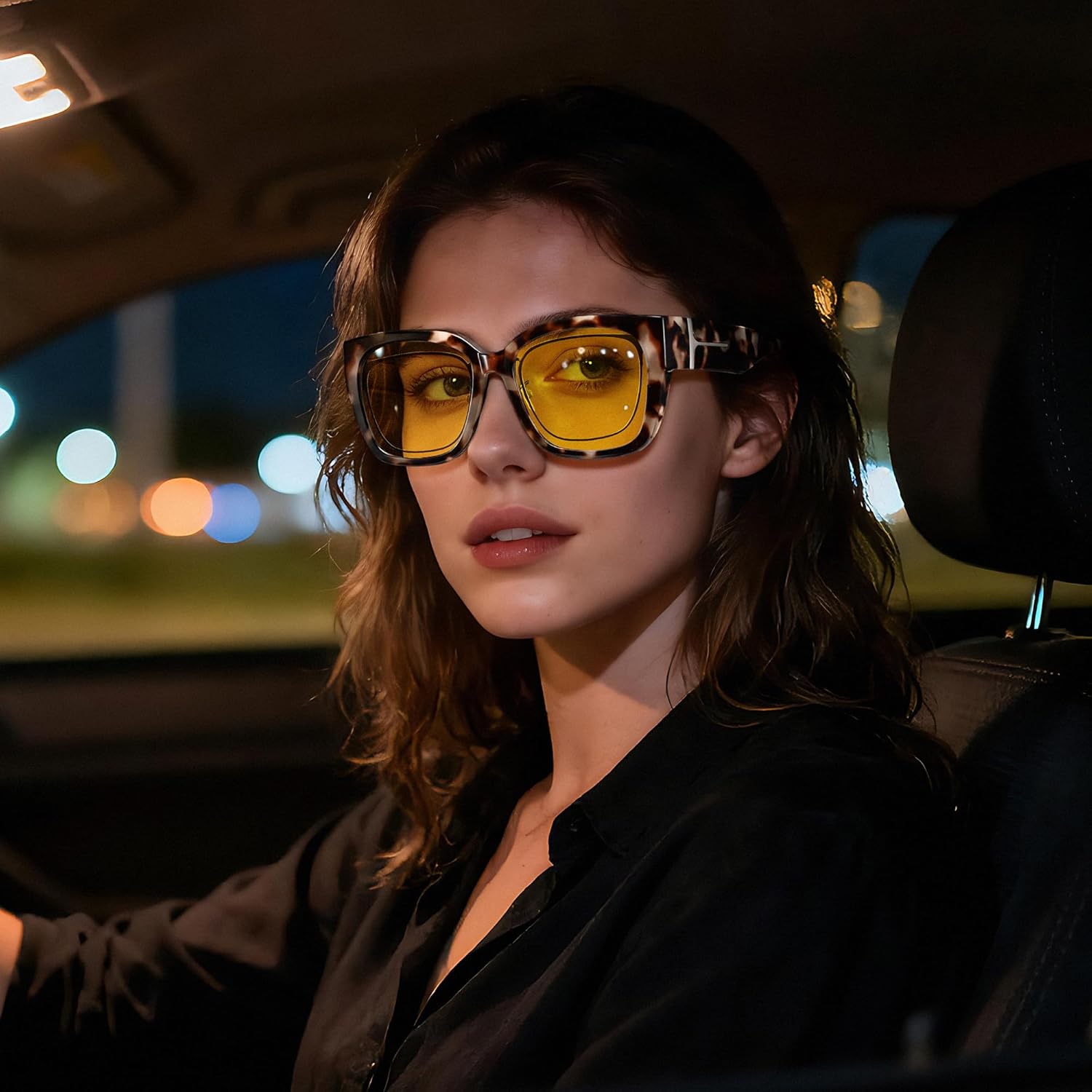 URUMQI Night Vision Glasses Fit Over Eyeglasses for Women Men, Anti Glare Polarized NightTime Glasses Oversized Yellow Lens