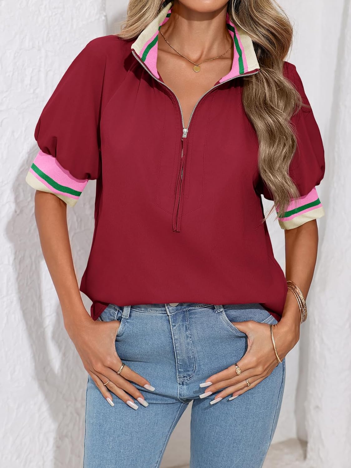 Tankaneo Womens Puff Sleeve Tops Blouse Color Block Half Zip V Neck Pullover Trendy Summer Casual Loose Fit Shirts - Image 2