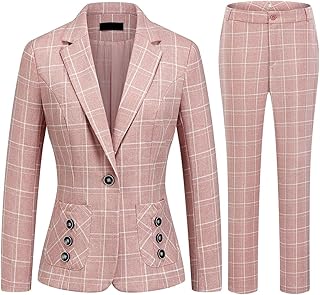 Women's 2 Piece Business Plaid Suit Set Office One Button Slim Fit Blaze...