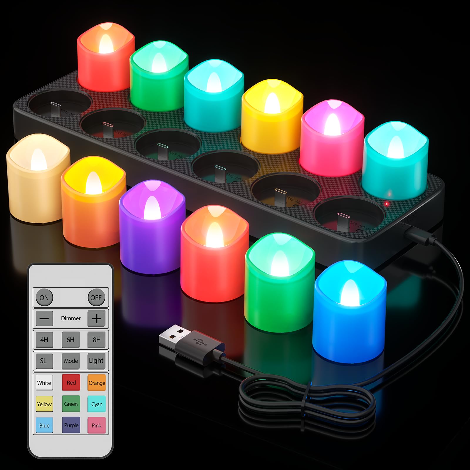 Ymenow Bunt LED Teelichter Wiederaufladbar mit Ladestation, 12 Stück Elektrische Aufladbar RGB Teelichter Kerzen Flackernde mit Timerfunktion & Fernbedienung für Zimmer Tisch Halloween Weihnachtsdeko