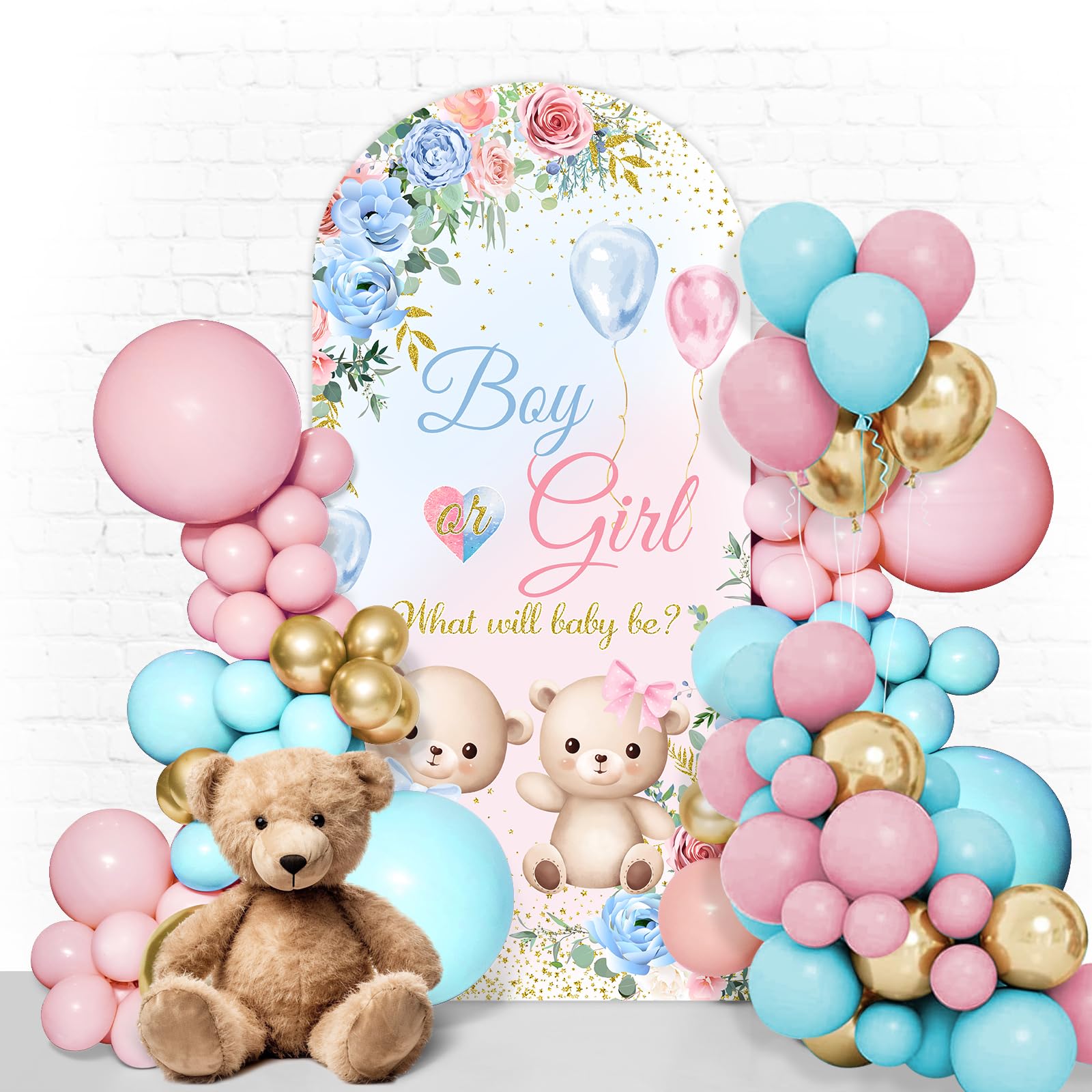 Gender Reveal Backdrop Cute Bear Baby Shower Arch Cover Backdrop for Boy or Girl Baby Party We Can Bearly Wait Blue or Pink Balloon Party Decor 7.2FT