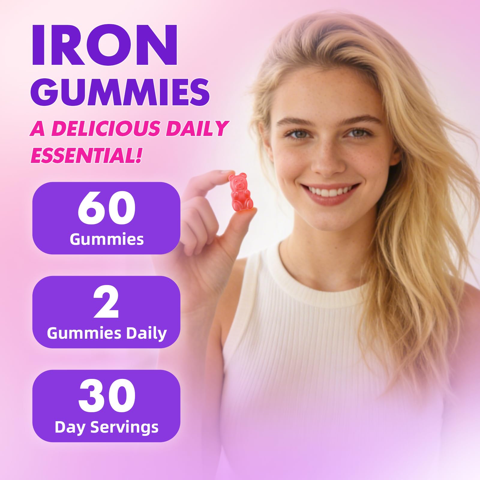 softbear Iron Gummies for Women & Men & Kids, Strawberry Flavor 60 Count — Amazon image 7