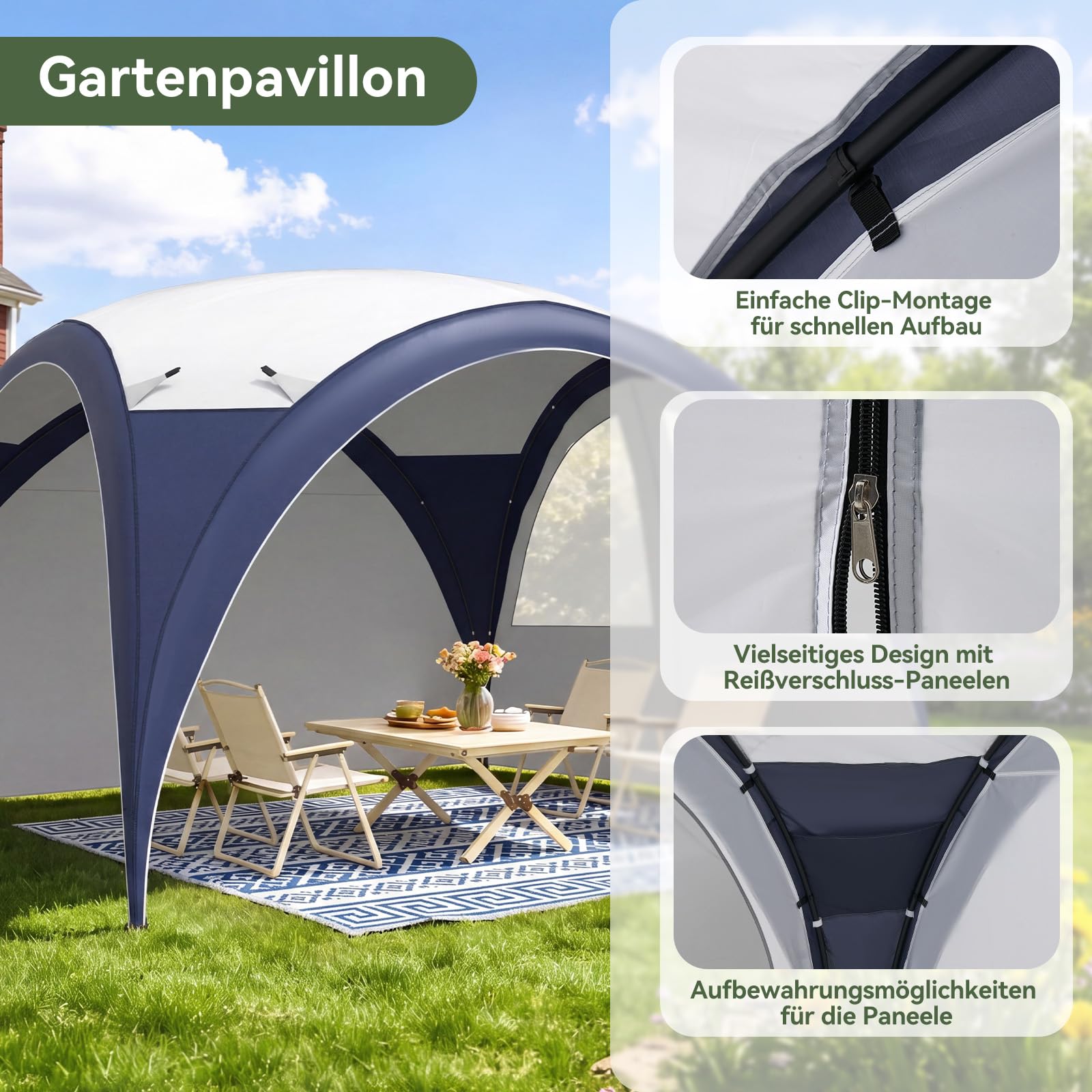 Aoxun Event Shelter Kuppelzelt mit Seitenwänden, Tragbare Stahlstange Camping Pavillon Gartenpartys Veranstaltungen, Transporttasche 4 Vevstärkte Füße, Wasserdicht (4000 mm), UPF 50+, 3,5 x 3,5 m