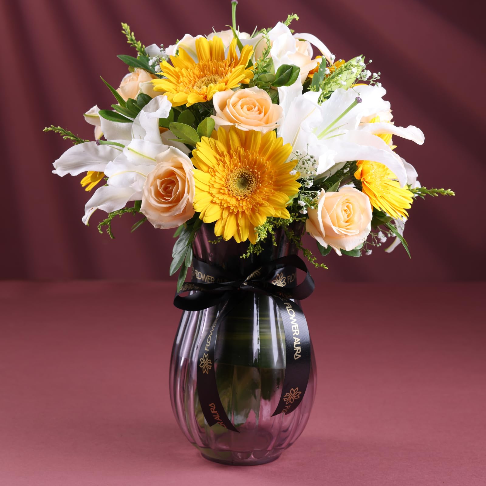 FlowerAura Premium Fresh Live Flower Bouquet of 5 Yellow Gerberas, 6 Roses & 2 Lilies In Vase For Birthday Gift, Anniversary Gift, Wedding Gift, Rose Day Gift, Valentine's Day Gift (Same Day Delivery)-image-29