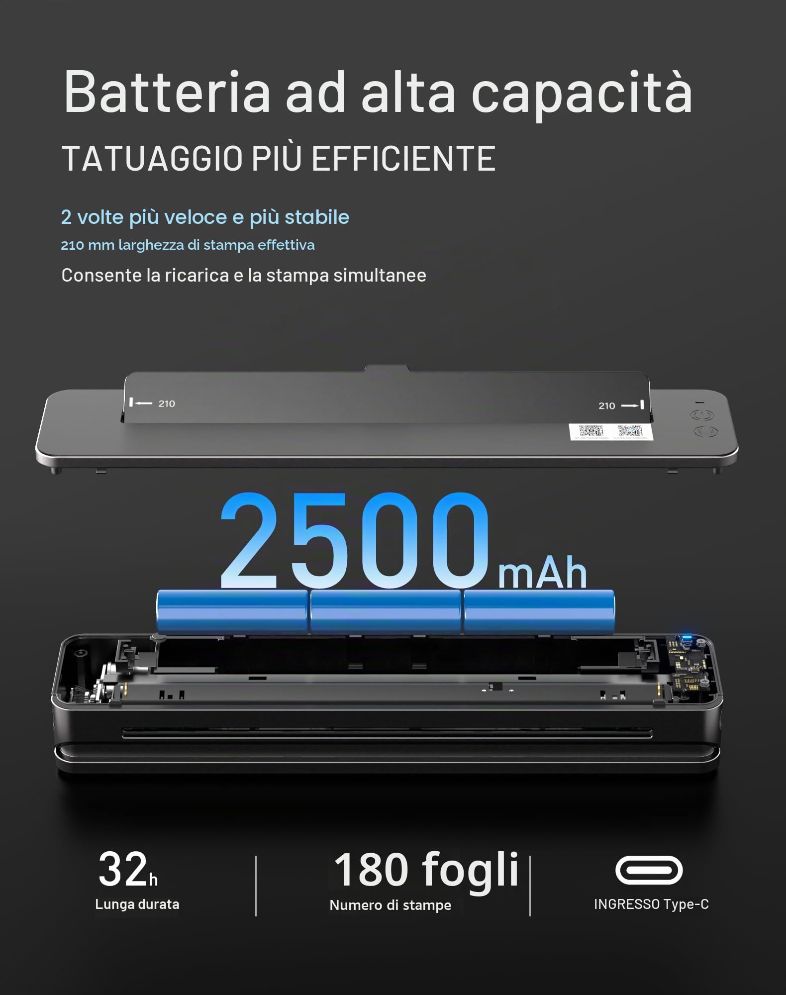 Stampante Bluetooth portatile 2500 mAh professionale T106Z-EU compatibile Android iOS