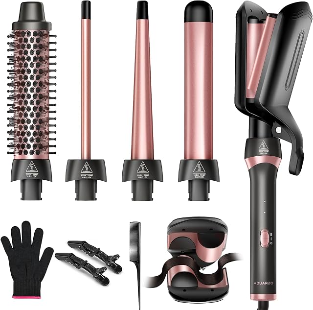5-in-1 Ceramic Curling Wand Thermal Brush Beach Waves Dual Voltage | 3 Ceramic Barrels (0.35"-1.25") +Thermal Brush+Wave Wand,Fast Heat,30-sec Ready,All Hair,Travel-ready with Glove & Bag