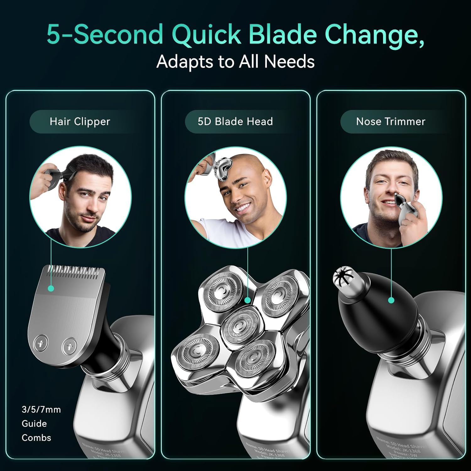 kensen Rasoio Testa Calva Impermeabile 5D Rasoio Elettrico Capelli 0 mm Wet & Dry Rasoio Elettrico Barba 120 Min con con Testina per Naso + Orecchie & Pettine Limitatore(3/5/7mm)