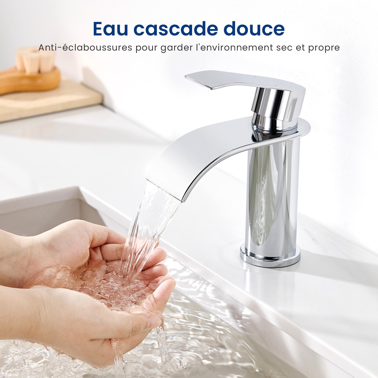 CECIPA Robinet Salle Bain, Moderne Mitigeur Lavabo Cascade, Hauteur de Bec 86 mm, Robinetterie Chromé G 3/8, Eau Chaude et Froide Disponible, Acier Inoxydable
