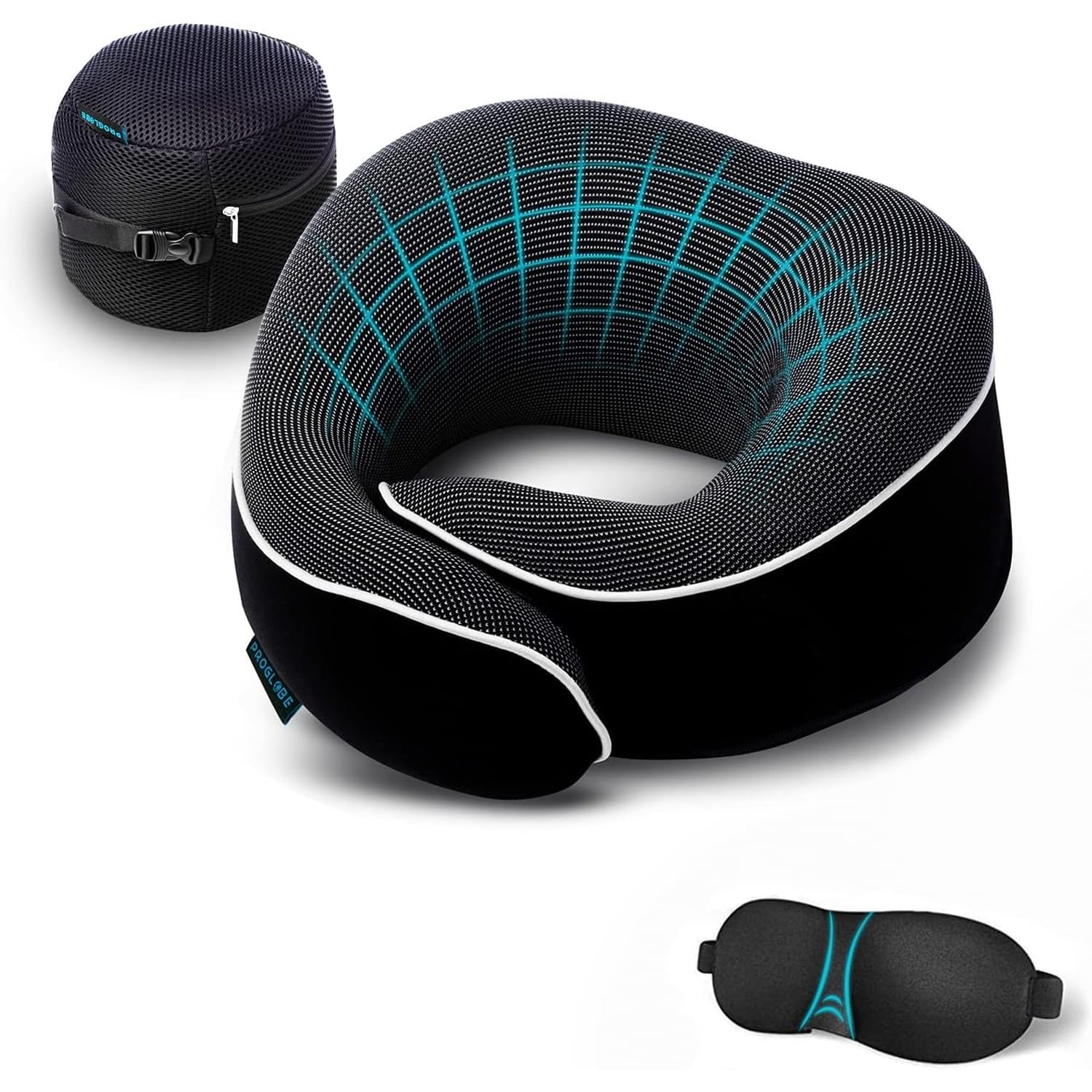 Proglobe Travel Pillow, Memory Foam Neck Pillow Set, Orthopedic Pillow, Travel Essentials for Flying, Kit with 3D Contoured Sleep Mask and Luxury Mesh Bag (Black)