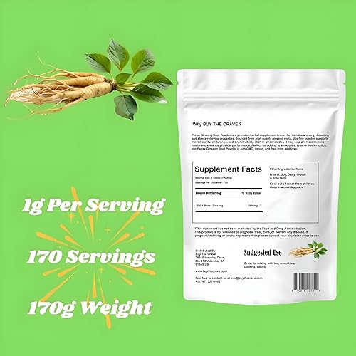 Miniatura 3 de Extracto de raíz de ginseng panax coreano orgánico, extracto de raíz de polvo 2001, máxima resistencia, 6.00 oz (6 onzas), 0.04 oz por porción, con