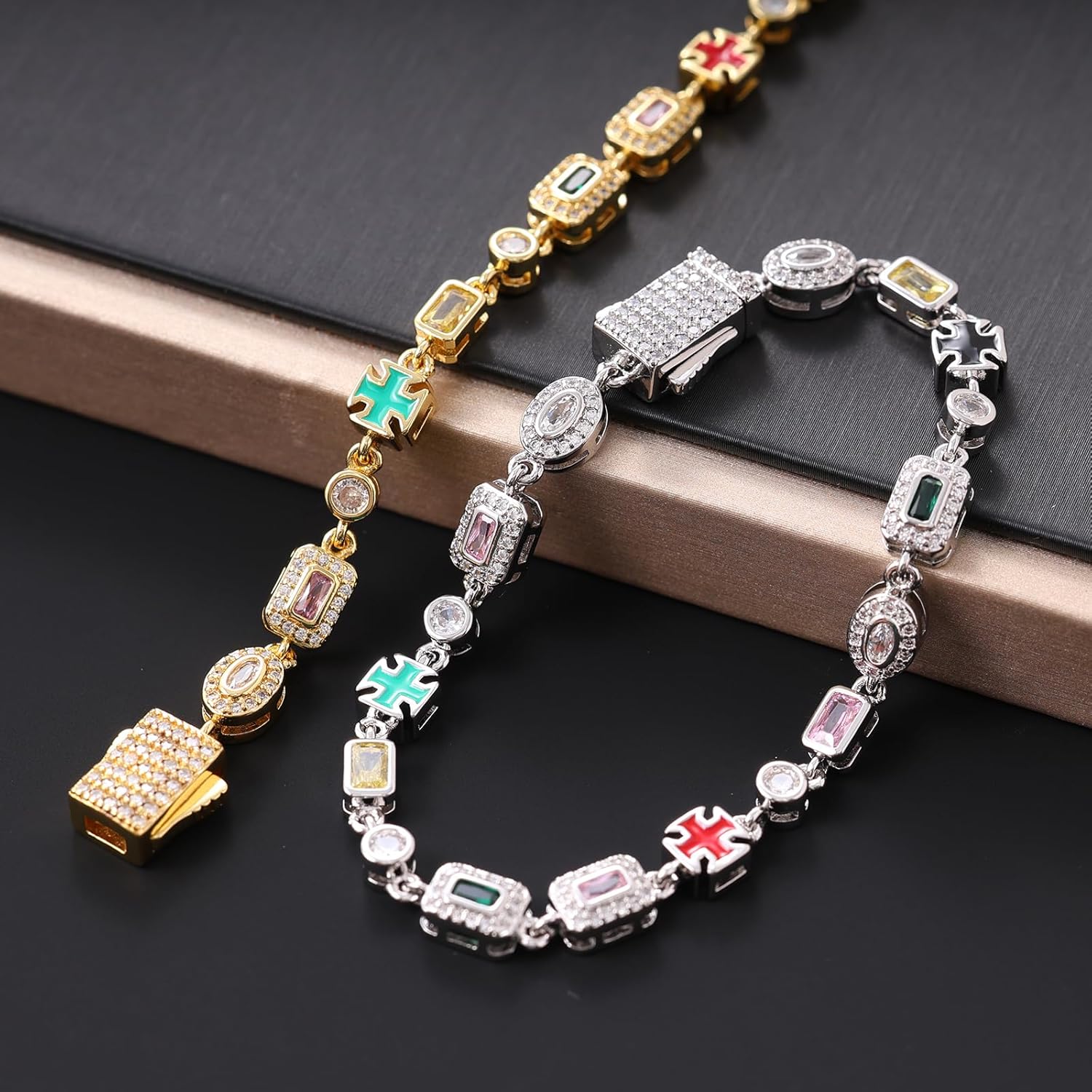 Lulu Mel 6mm Colorful Zirconia Cross Bracelet, Gold Plated Tennis Chain Geometric Gemstone Diamond Bracelet Trendy Charm Jewelry for Women Men - Image 6