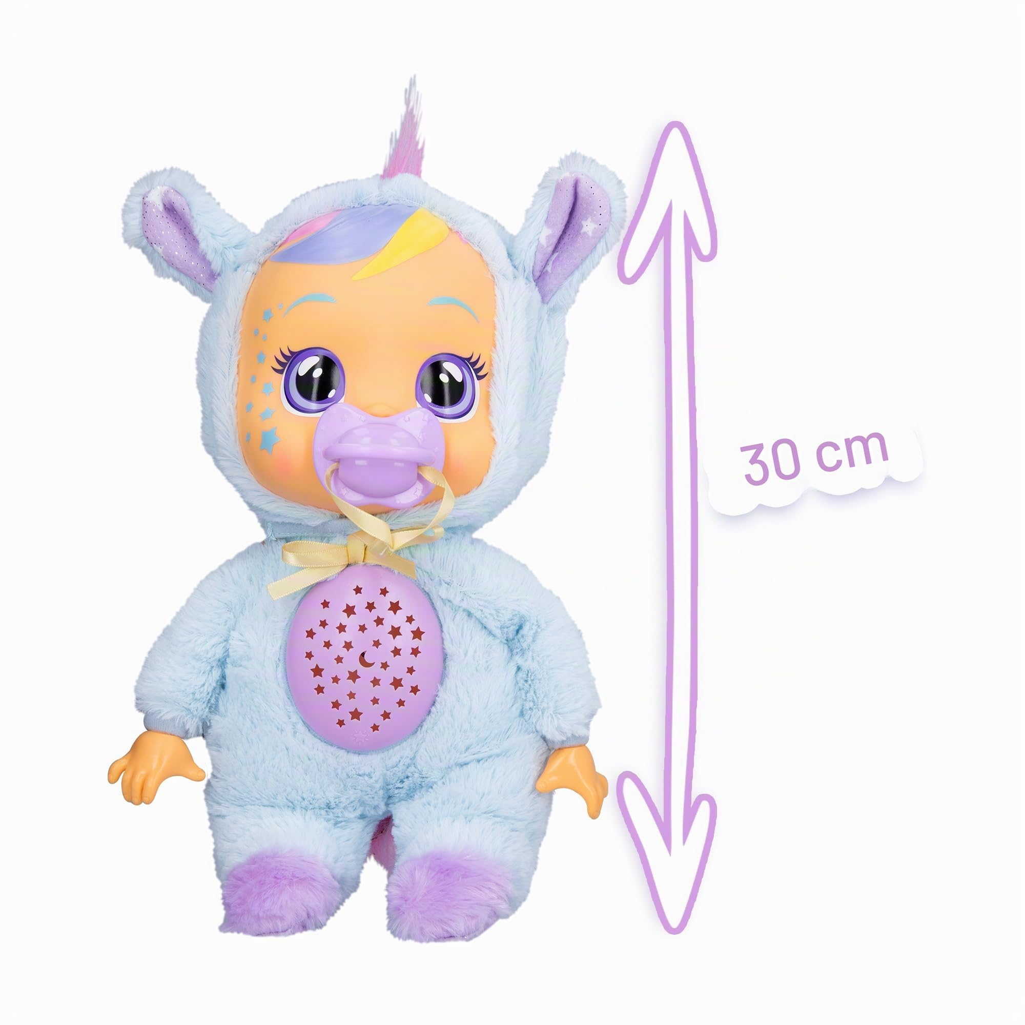BEBÉS LLORONES Goodnight Starry Sky Jenna | Muñeca suave Quitamiedos para dormir, que llora lágrimas LED y proyecta Estrellas con Música relajante - Regalo para niños y niñas +2 Años