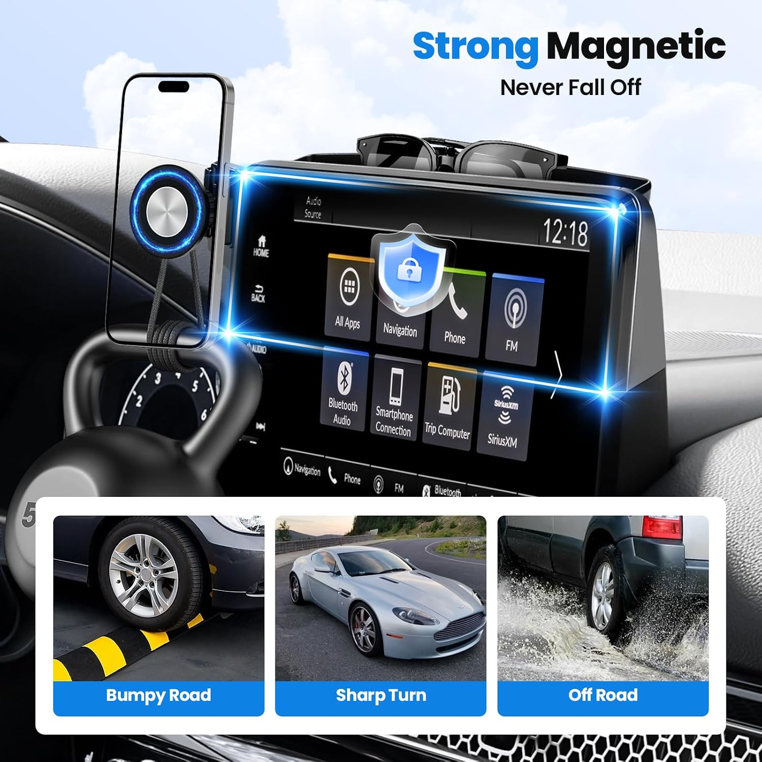 Karltys Magnetic Phone Holder, 360° Rotation Car Phone Holder with 2 Options iPhone MagSafe/Clip-in, Car Phone Mount with Sunglasses Holder for Honda Civic 2022-2025 2026 Accessories 11th Civic