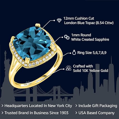 Miniatura 2 de Gem Stone King Anillo de oro amarillo de 10 quilates con piedra natal y zafiro blanco creado para mujer, cojín de 0.472 in, anillo de compromiso de