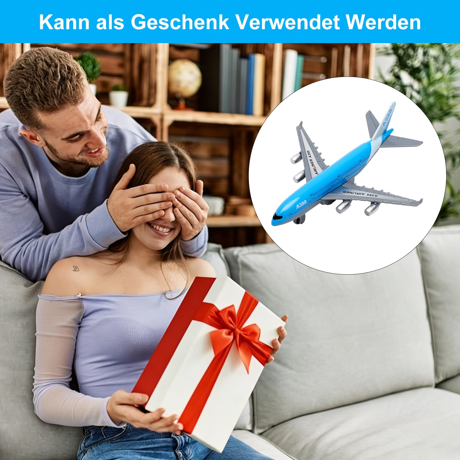Airbus A380 zabawka do samolotu – mini metalowy model samolotu z funkcją wyciągania dla dzieci od 3 lat, plandeka powietrzna dla dzieci, idealna jako zabawka na lotnisku i prezent (długość 14 cm
