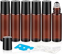 ZEJIA 10ml Amber Glass Roller Bottles for Essential Oils, 6 Pack with Stainless Steel Balls, Droppers, Opener & Labels