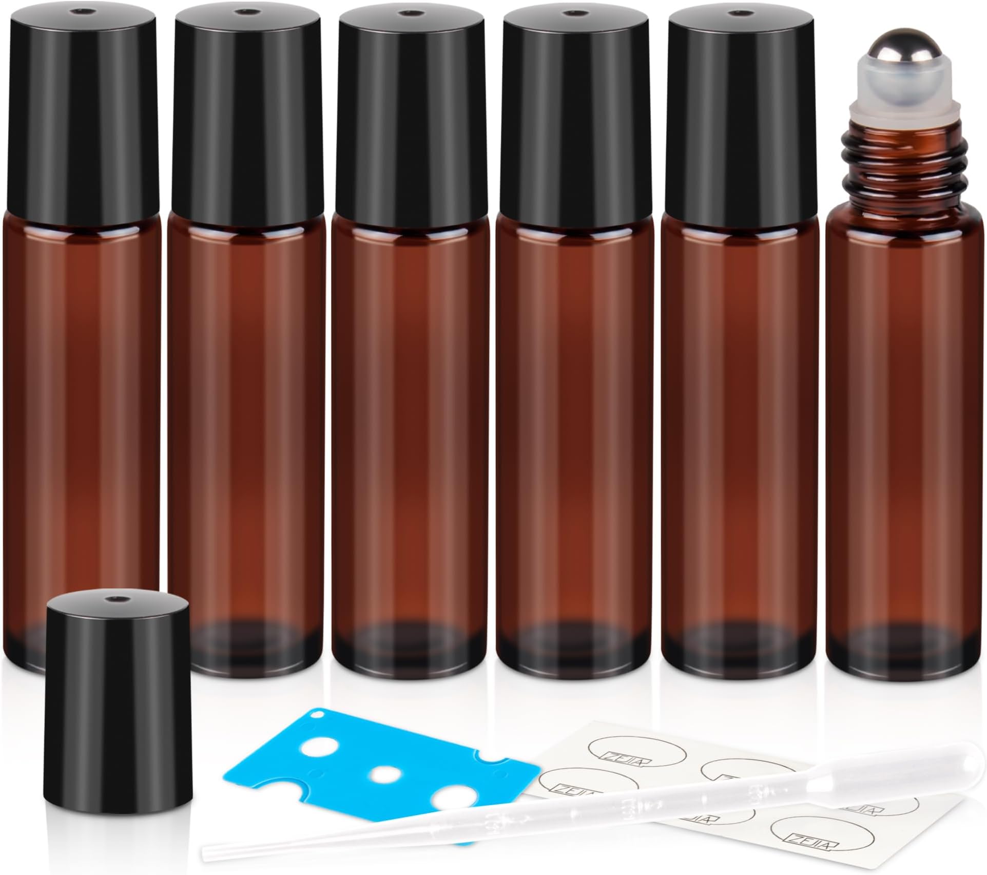 ZEJIA 10ml Roller Bottles for Essential Oils, 6 Pack Glass Roll on Bottles, Refillable Perfume Bottle, with Stainless Steel Roller Balls, 2 Droppers, 1 Opener, Labels(Amber)