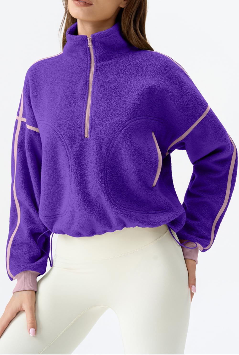 QINSEN Women's Half Zip Fleece Short Pullover Sweatshirt Winter Long Sleeve Cozy Sherpa Sweater Top - Image 3