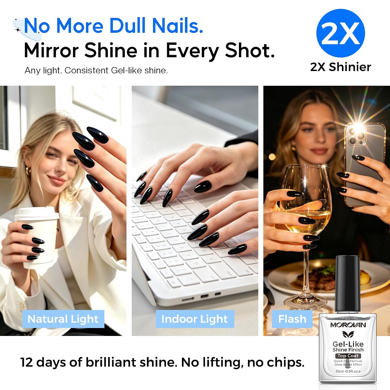 Morovan Top Coat Nail Polish: Gel-Like High Gloss Clear Top Coat for Regular Polish, 60s Quick Dry Long-Lasting Shine Chip-Resist Air Dry Nail Polish Sealer Non-Yellowing Anti-Stain Finish, 0.5 fl oz