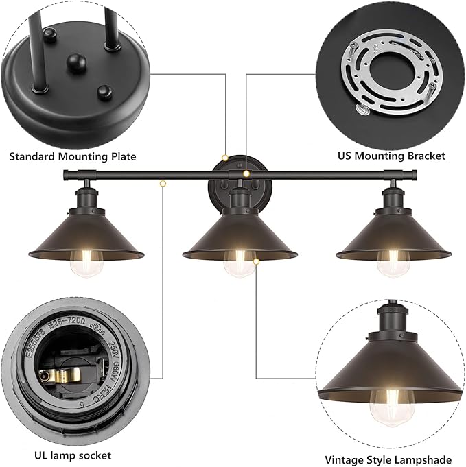Licperron Licperron 3-Light Black Bathroom Vanity Light Fixtures Over Mirror, Farmhouse Vanity Wall Sconce Lighting with Metal Shade, Indoor Wall Mounted Lamp for Bathroom Mirror Cabinet Living Room photo 3