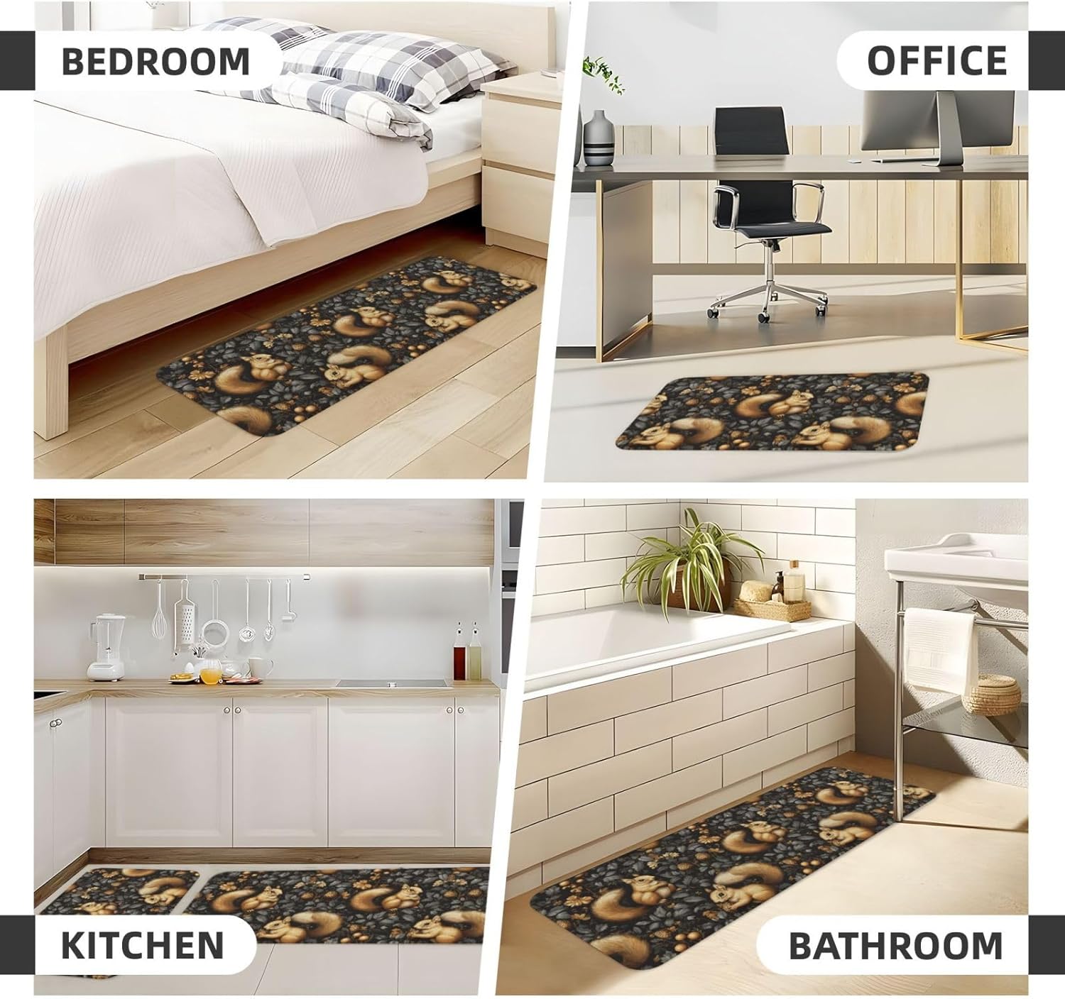 Cute Squirrel Print Kitchen Rugs Sets of 2 Non Slip Washable, Anti Fatigue Kitchen Mats for Floor, Home Decor
