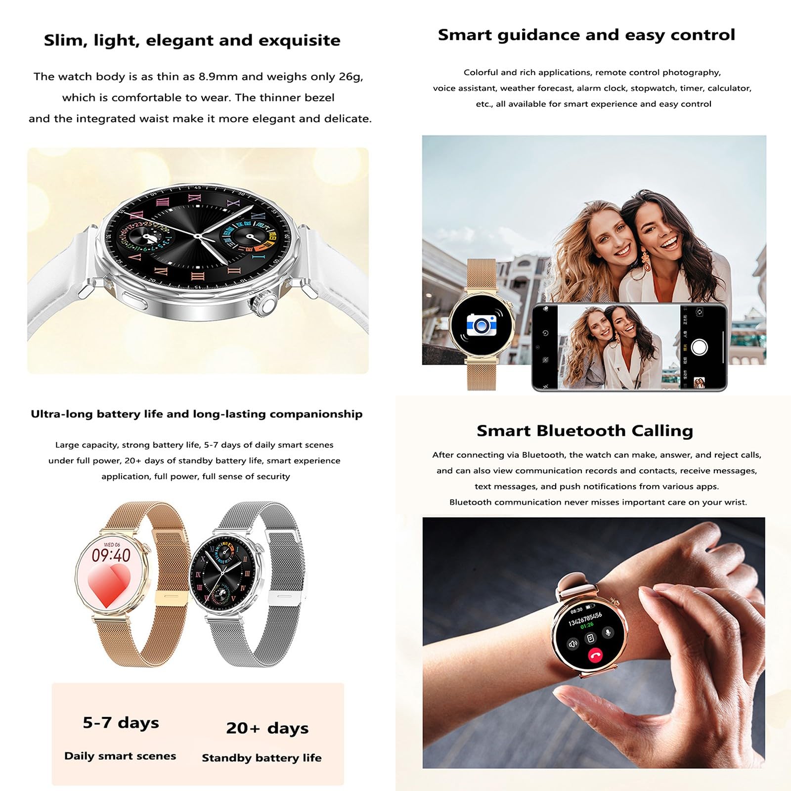 Reloj Inteligente Mujer podómetro, monitoreo de frecuencia cardíaca, medición de presión Arterial, Entretenimiento Social, Llamadas Bluetooth, recordatorios Inteligentes