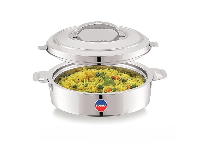 TOSAA keep warm Double Wall Insulated Stainless Steel Casserole, 1400ml Roti Rice Desert store n serve for Kitchen, Hot Case/box with Steel Lid, Silver touch, Hot Pot, Chapathi taste saver box/pot, twin Lock, 1.4L