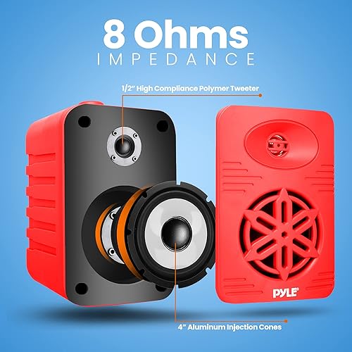 Vista 96 de PyleUsa Par de altavoces Bluetooth para interiores y exteriores, 200 W, doble impermeable, 3.5 pulgadas, sistema de rango completo de 2 vías con Rojo