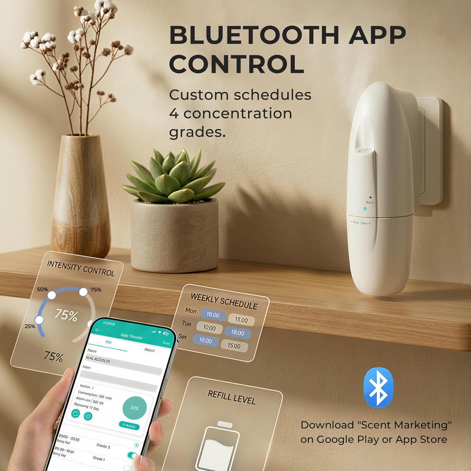 Smart Plug-in Waterless Oil Diffuser, Bluetooth/App Control, Up to 800 Sq Ft Coverage, Silent Cold-Air Diffuser for Home & Office, No Water, Pet & Kid Safe