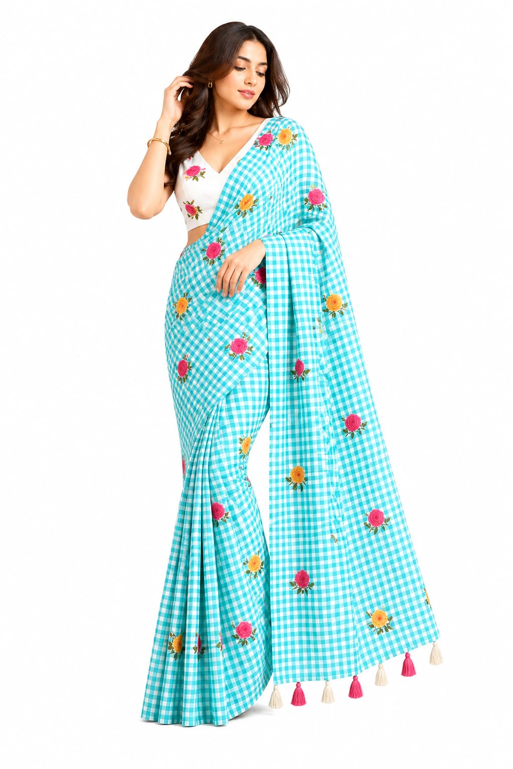 Checks Print Sea Green Color Floral Print Indian Saree, Trending checks Print Summer Wear Womens Saree From Rajasthani Bazar-image-29