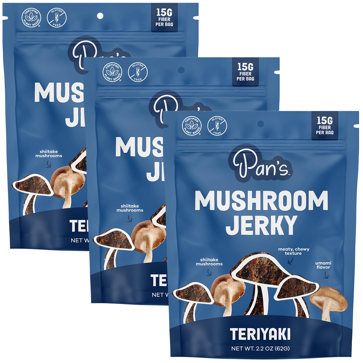 Pan's Mushroom Jerky, Vegan Snacks, Dried Mushrooms Shiitake, Plant based Jerky, Meatless Jerky, Gluten Free, High in Fiber, with Teriyaki flavor (2.2 Ounce, Pack of 3)