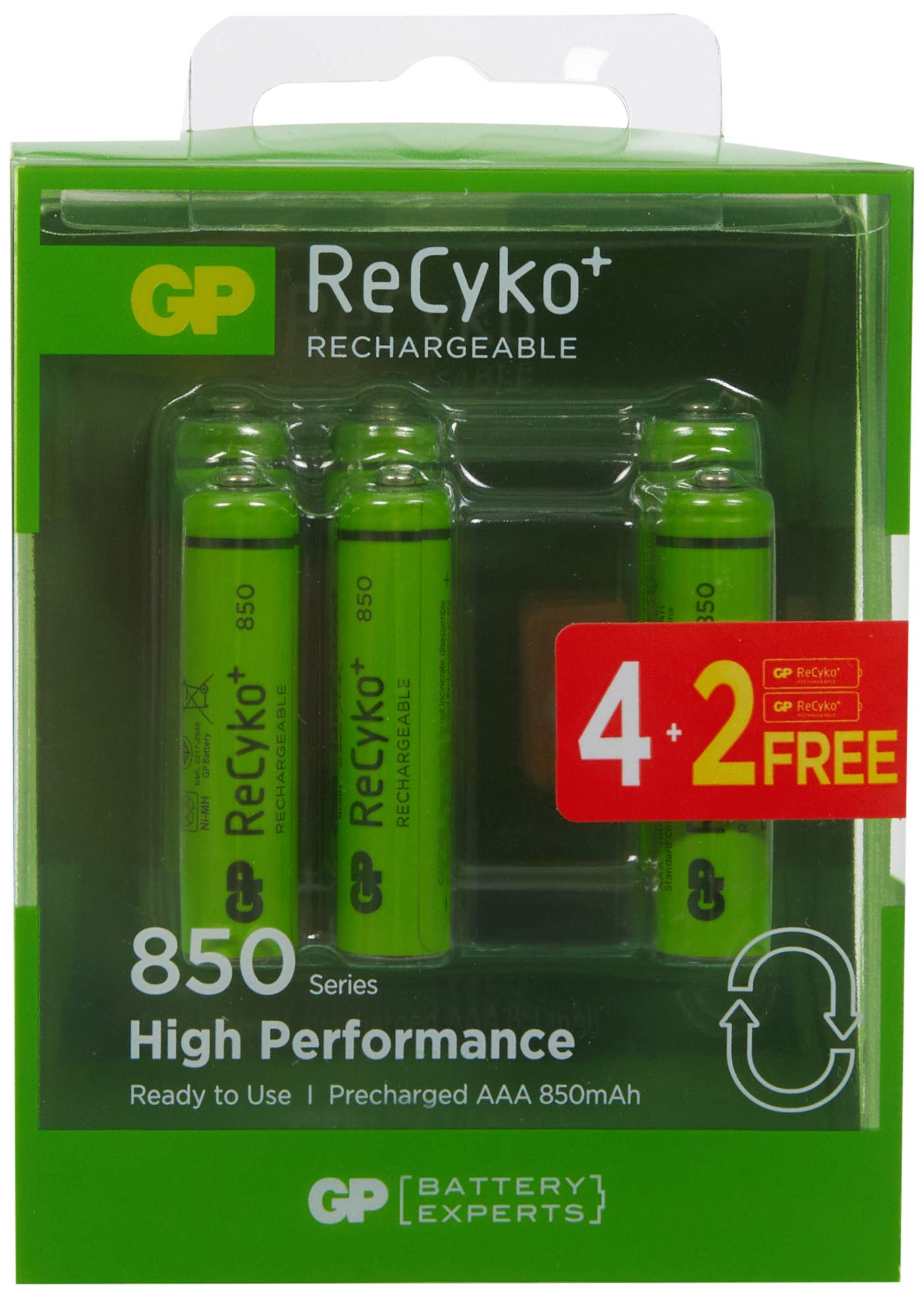 GP Batterie Recyko+ 850 AAA Slim Pen Ni-MH Batteria Ricaricabile, 1,2 Volt, Carta 6, Verde/Nero