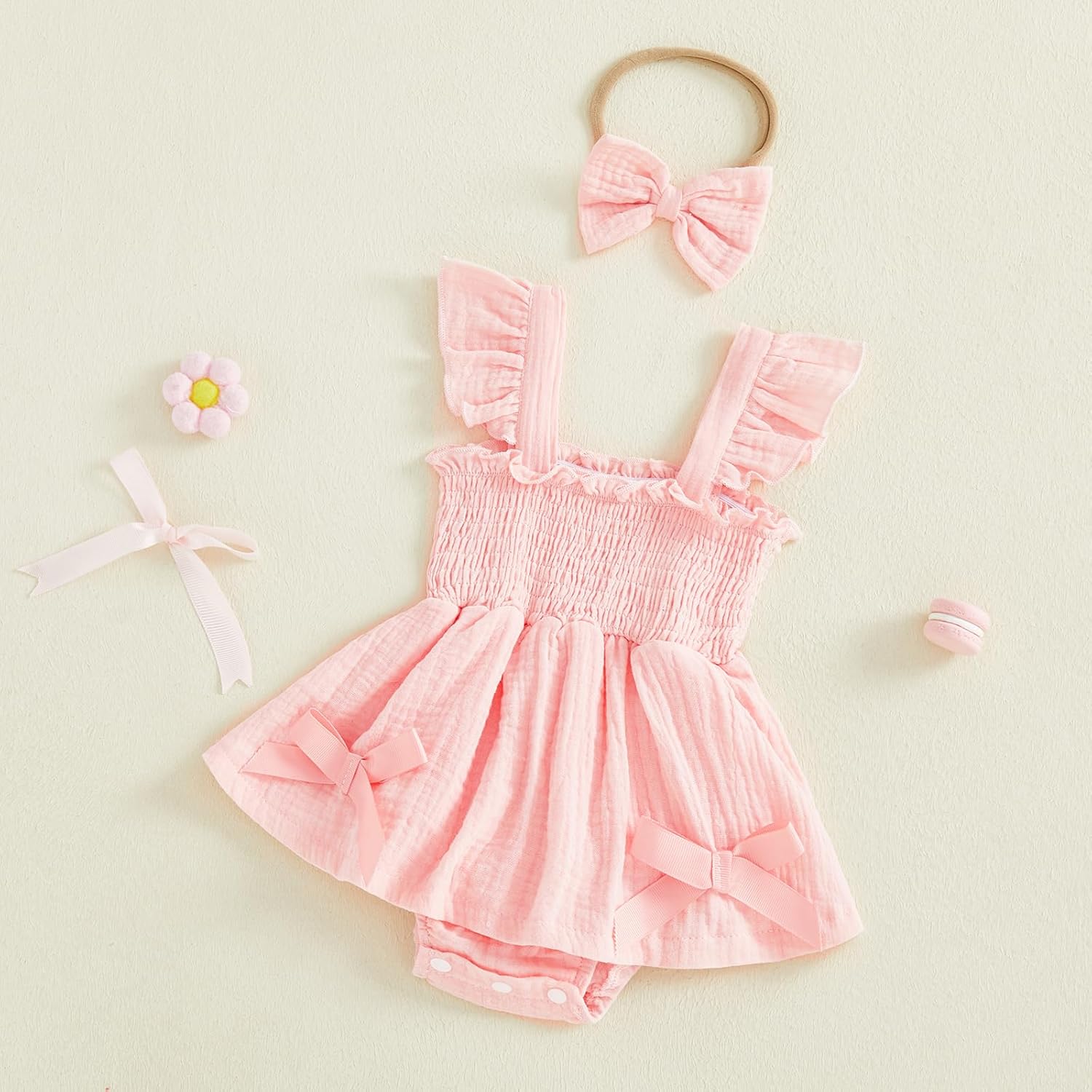 Thorn Tree Baby Girl Summer Clothes Newborn Outfit Ruffle Romper Infant Baby Dress Bow Headband Solid Cute Outfits Girls - Image 3