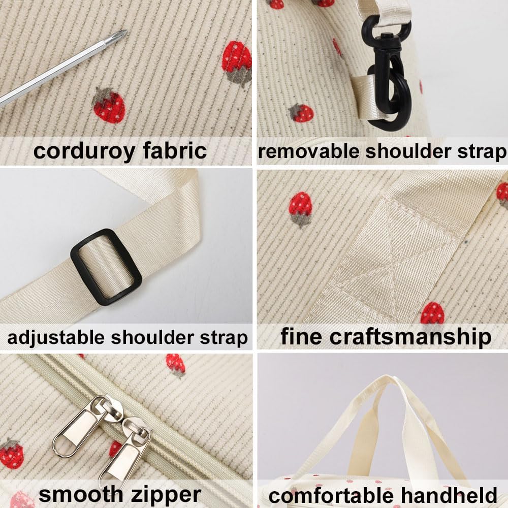 Strawberry Duffle Bag for Girls,Corduroy Gym Bag with Shoe Compartment & Wet Pocket,Cute Travel Bag Weekend Bag Dance Bag for Kids (pink) - Image 6