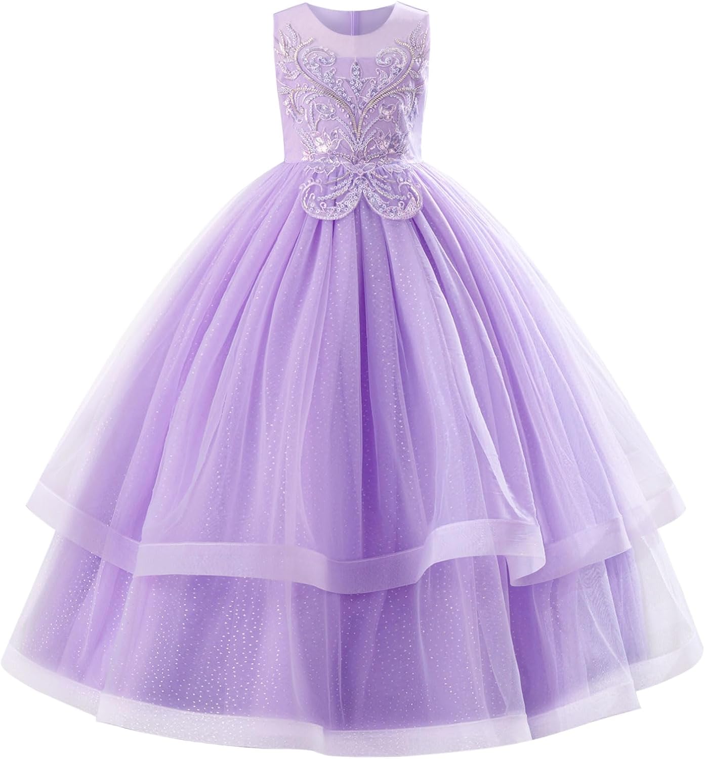 IDOPIP Flower Girl Sequin Appliques Dress for Kids Wedding Pageant Party Long Gown Princess Birthday Communion Tulle Dresses